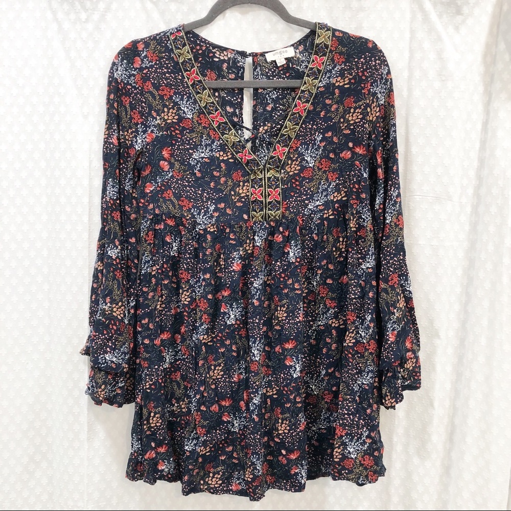 UMGEE • floral bell sleeve boho tunic top SMALL